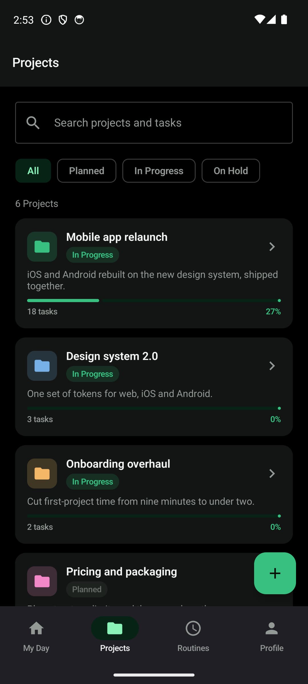 The Android projects list, showing six projects with status pills and progress bars.
