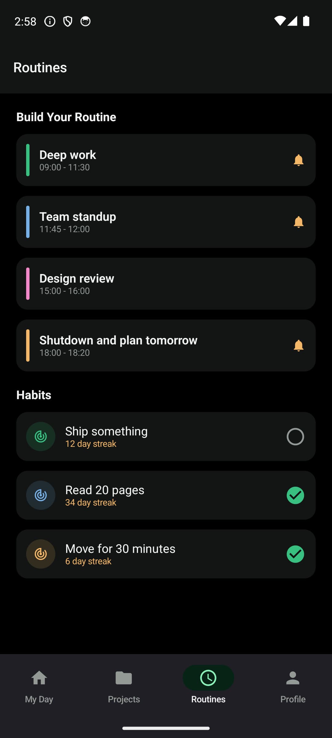 The Android routines screen, showing four time blocks with their hours and three habits with streak counts.