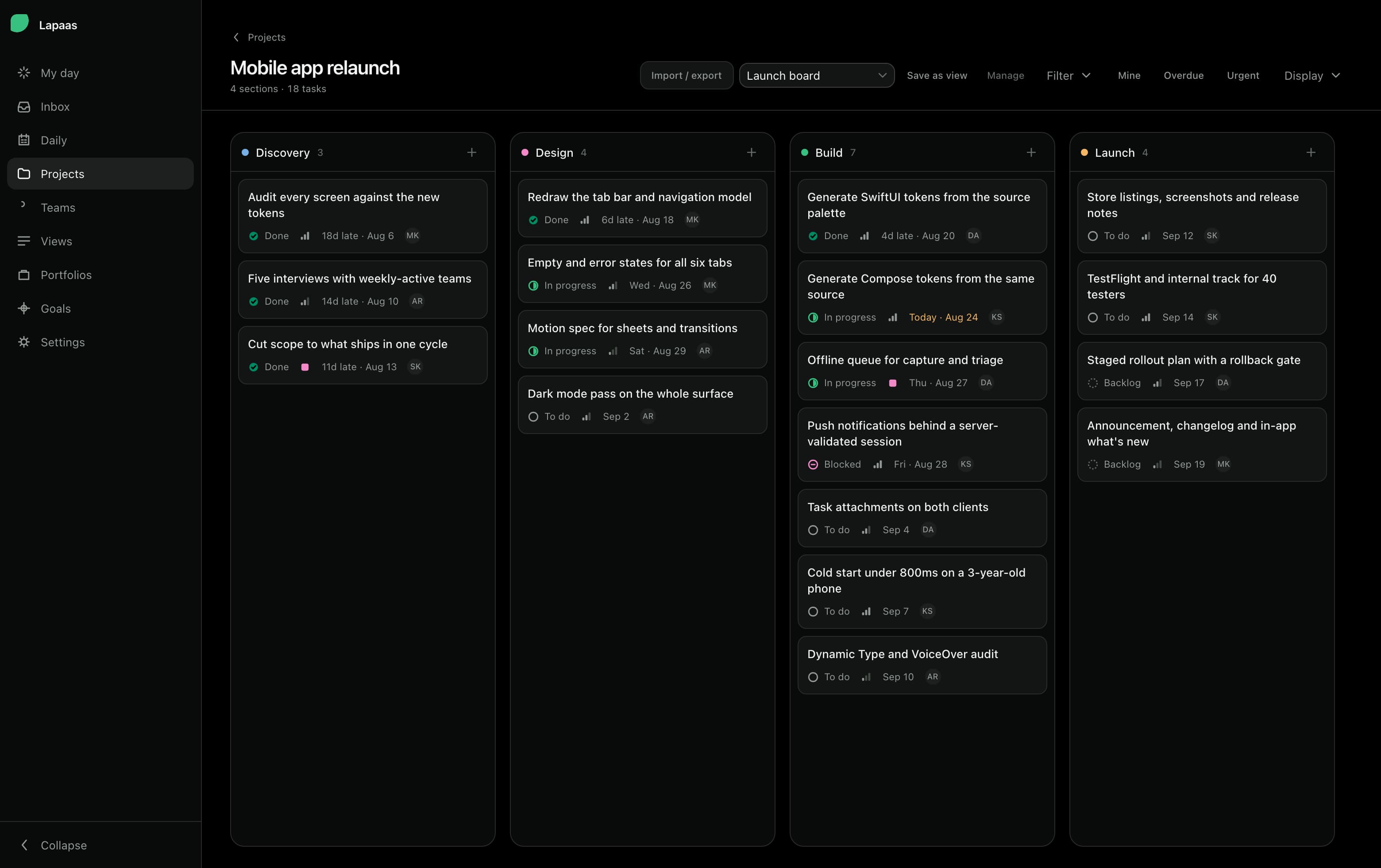The Lapaas Projects board view, showing a mobile app relaunch broken into Discovery, Design, Build and Launch columns.