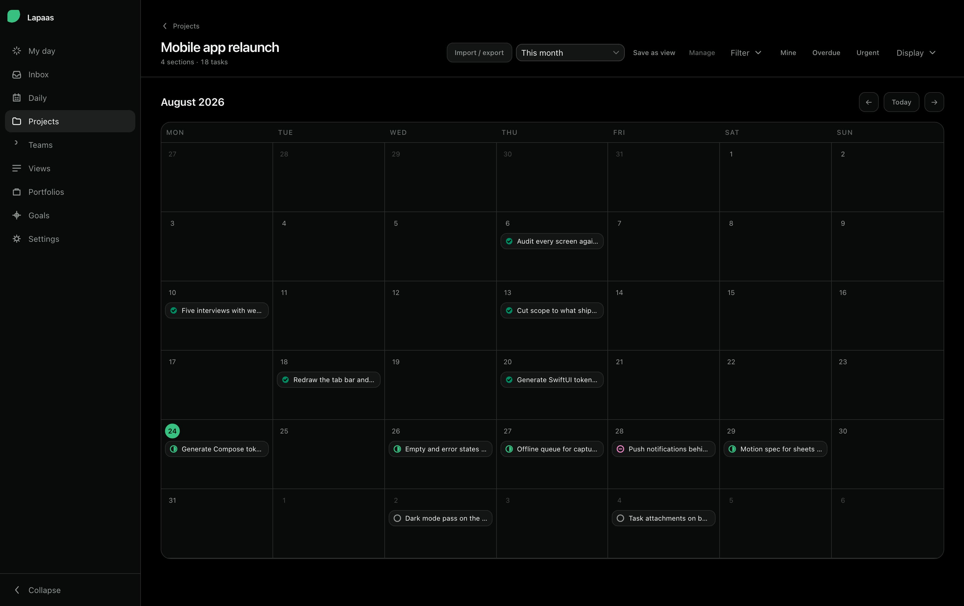 The calendar view: a month grid with task chips placed on their due dates and today highlighted.