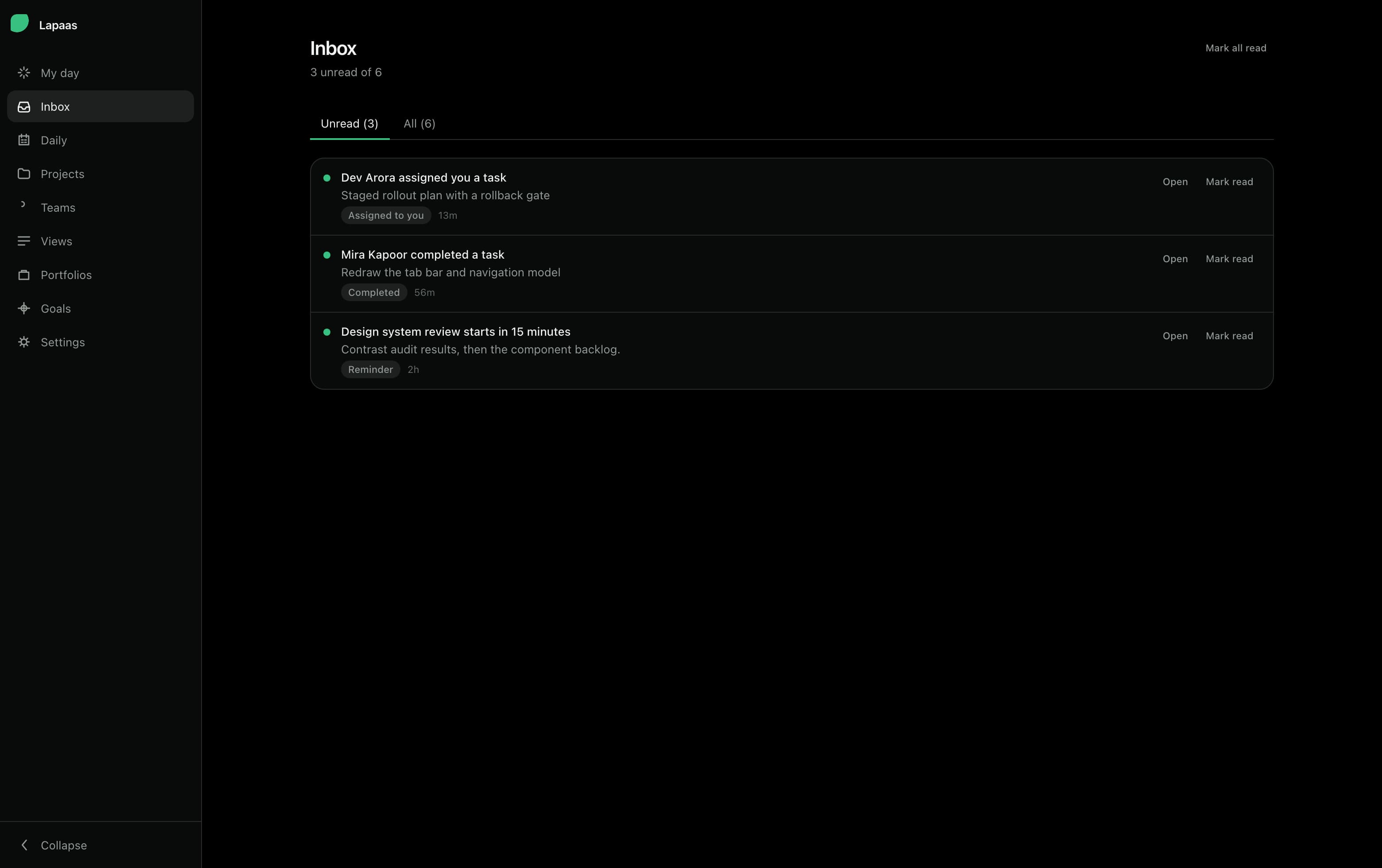 The inbox, listing notifications for assignments, completions and meeting reminders.