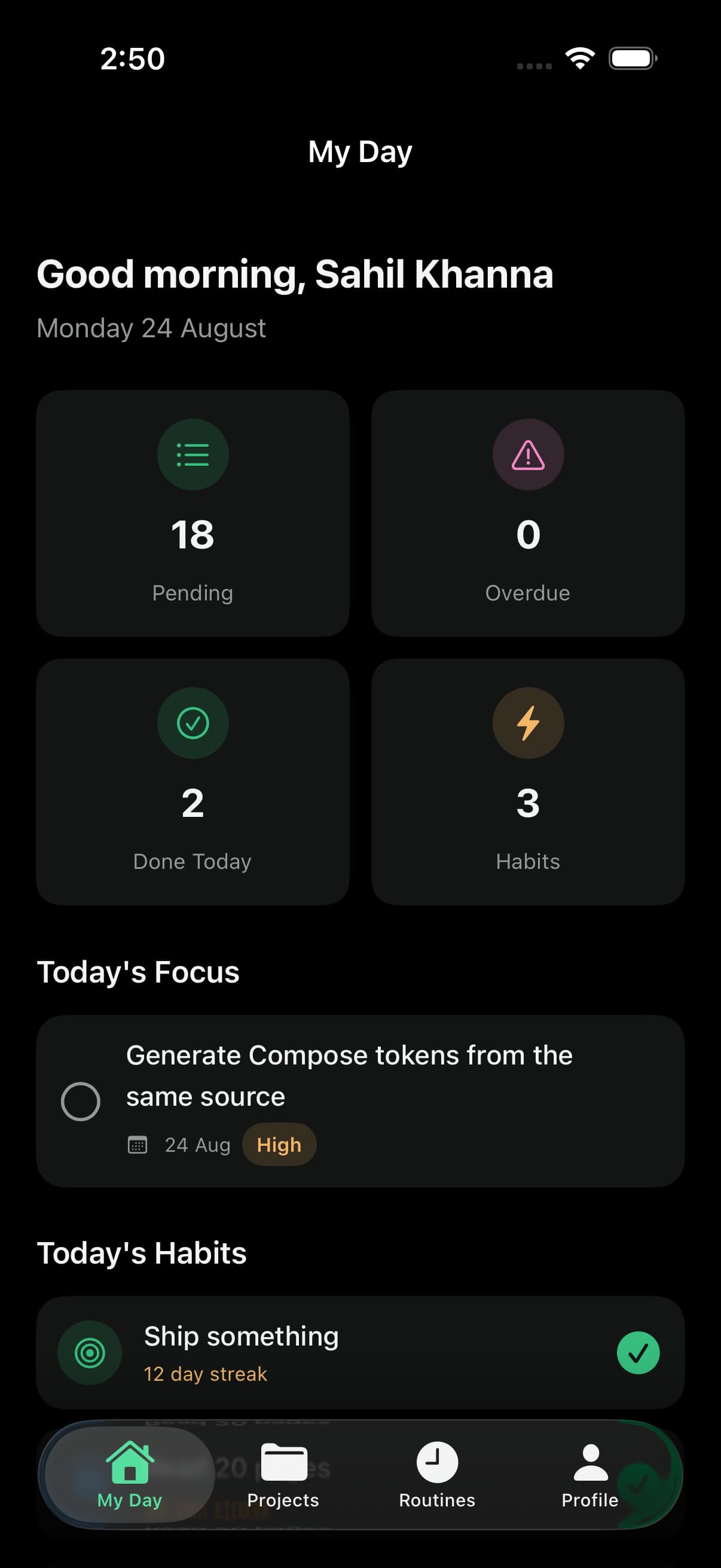 The Lapaas iPhone app showing My Day: eighteen pending tasks, today's focus and habit streaks.