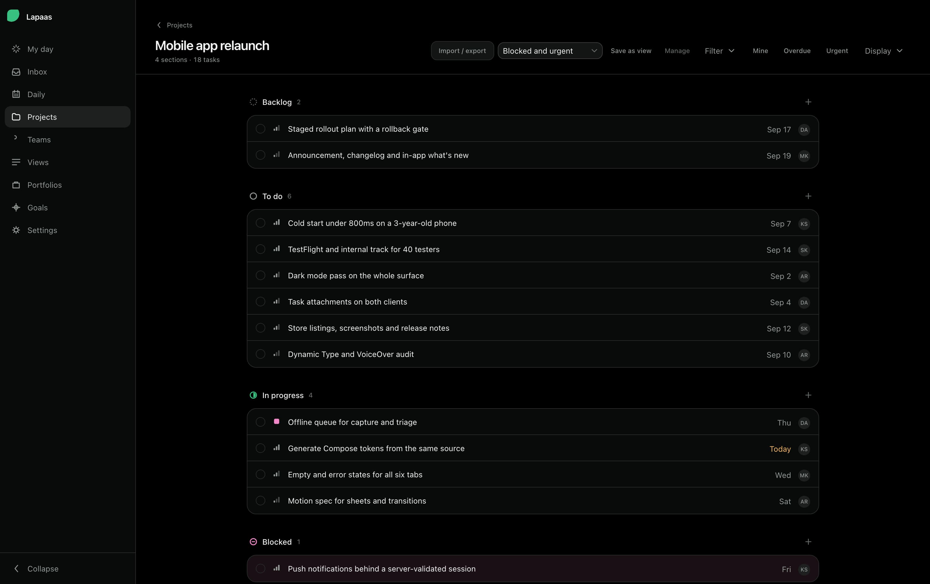 The list view grouped by status, with Backlog, To do, In progress and Blocked groups and the blocked row tinted.