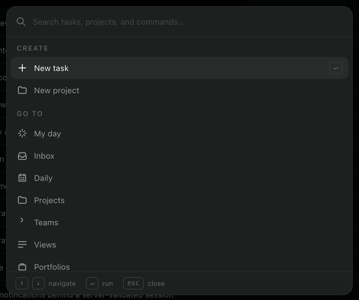 The command palette open over the app, listing create and go-to commands.