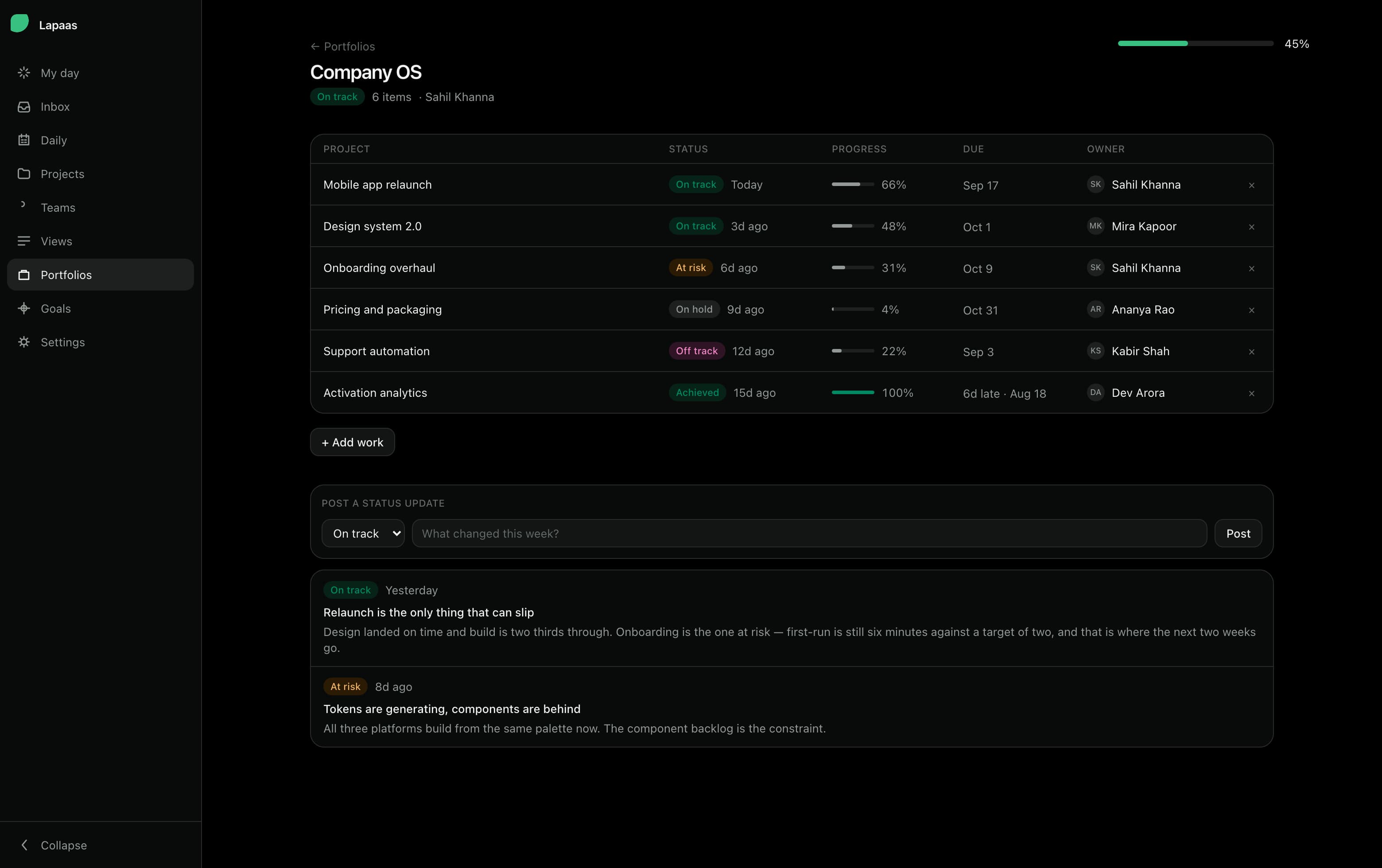 A portfolio roll-up: six projects with status pills, progress, due dates and owners, above a status update composer.